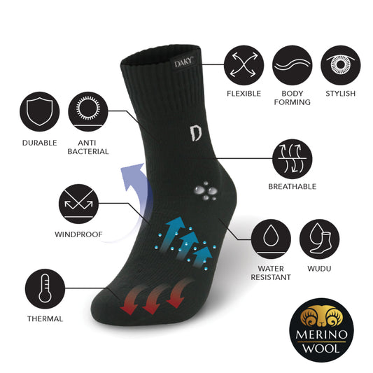 DAKY PHANTOM PLUS - WUDU COMPLIANT & WATERPROOF BLACK SOCKS (MERINO WOOL)