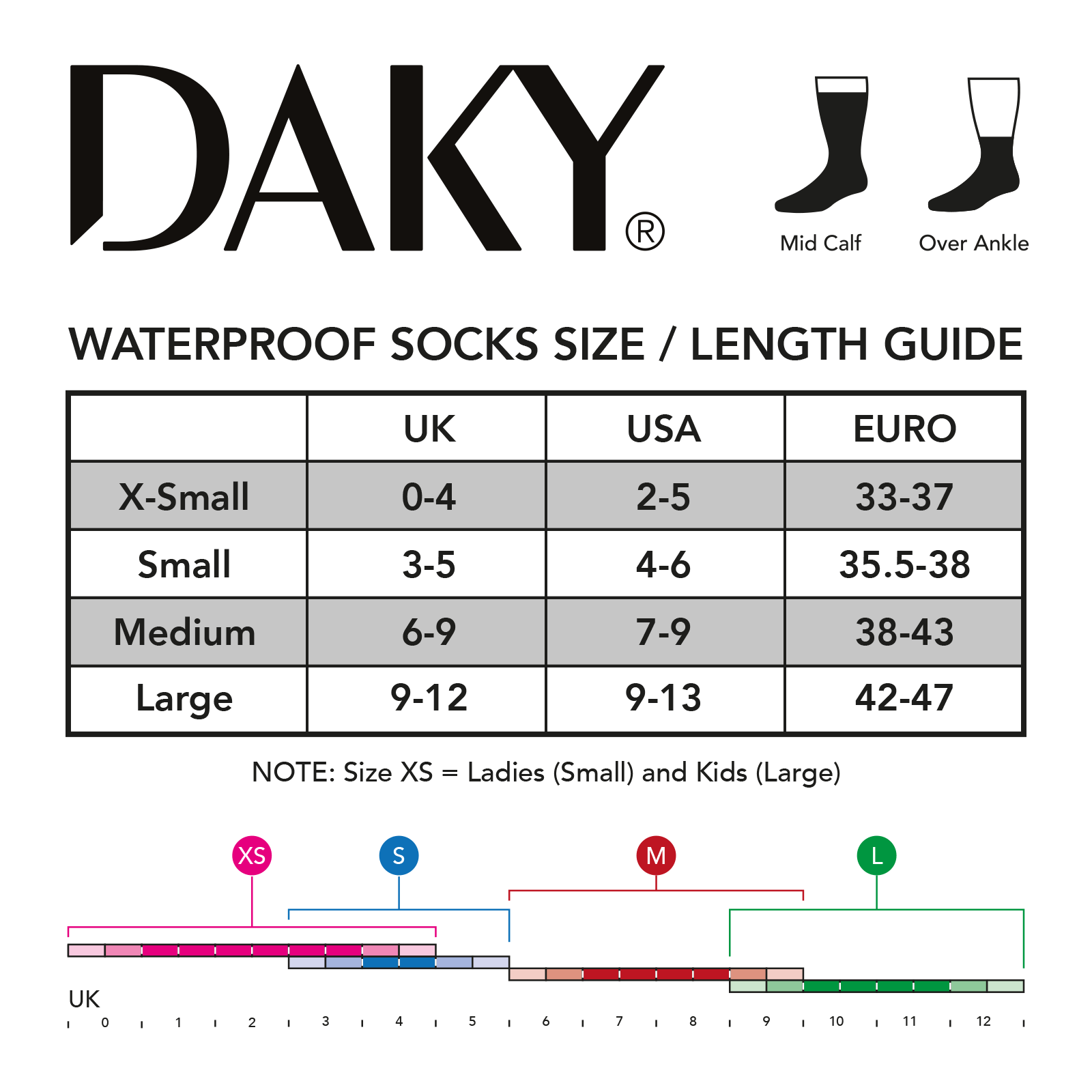 DAKY Sizing Chart - DAKY Waterproof Socks - WUDU Compliant (Skyline Y)