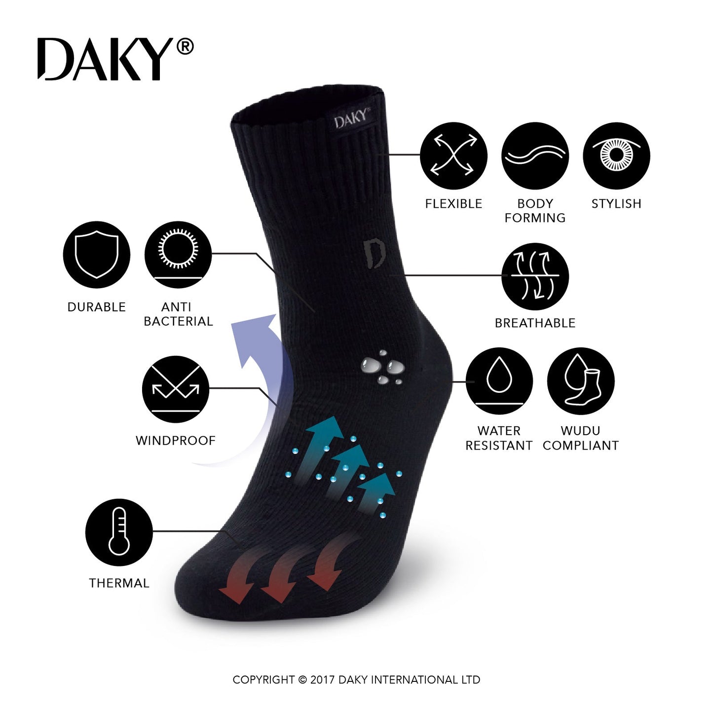 DAKY PHANTOM X - WUDU (MASAH) COMPLIANT & WATERPROOF BLACK SOCKS
